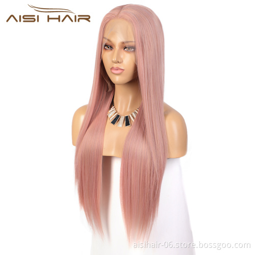 Aisi Hair New Design 26 Inch Long Silky Straight Pink Wig Cosplay Swiss Lace Wig Synthetic Hair Lace Front Wigs For Black Women